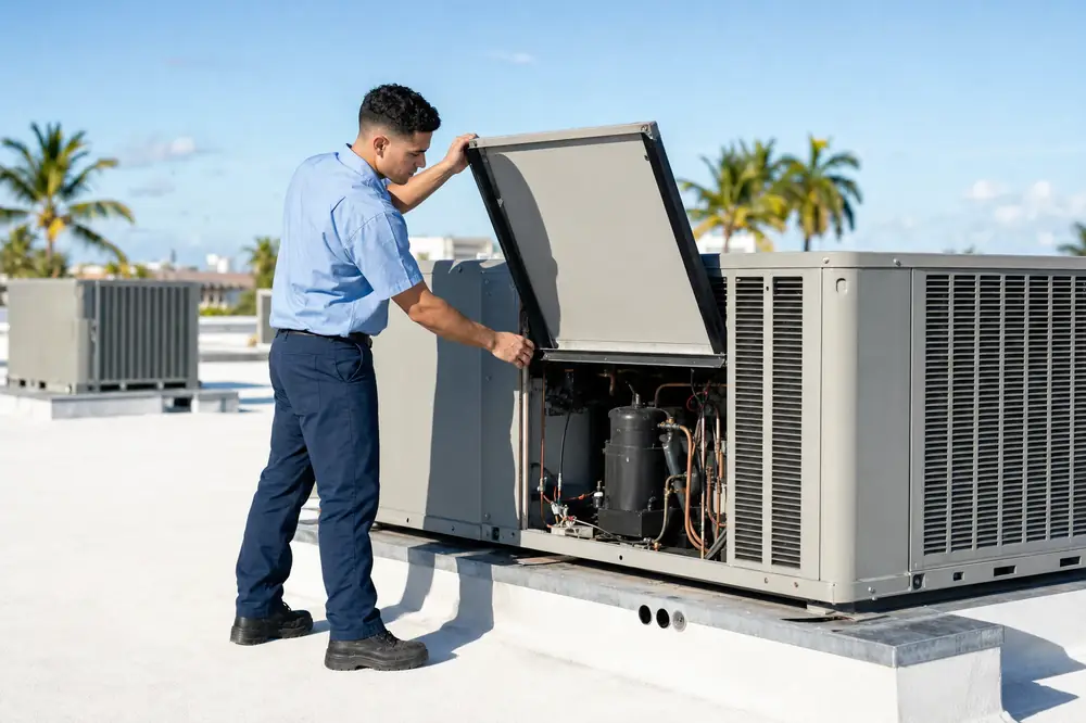 A technician opening the access panel of a rooftop AC unit on a commercial building