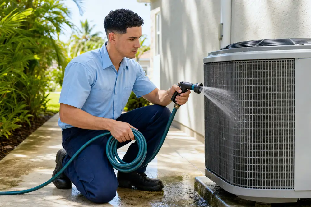 A technician rinsing the coil of an outdoor AC unit with a garden hose