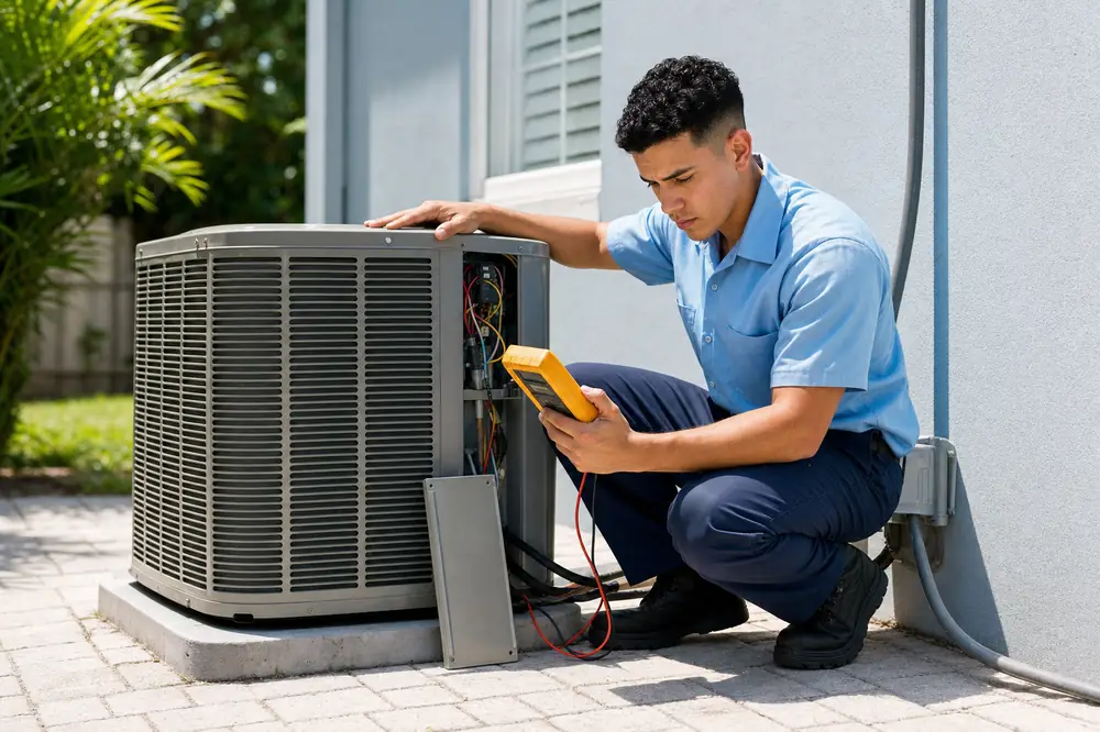 A technician testing the electrical parts of an outdoor AC unit with its service panel open